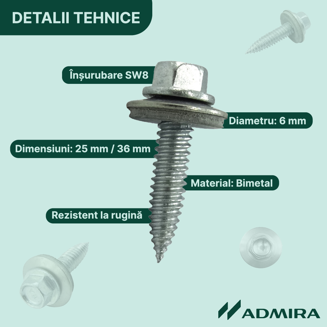 100x Șurub cu cap autofiletant și garnitură pt. tablă subțire, Bimetal, SW8, ETA