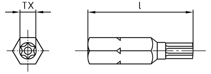 Bit siguranta pentru surub cap stea - 1/4" x 25 TX - PIN 25 mm