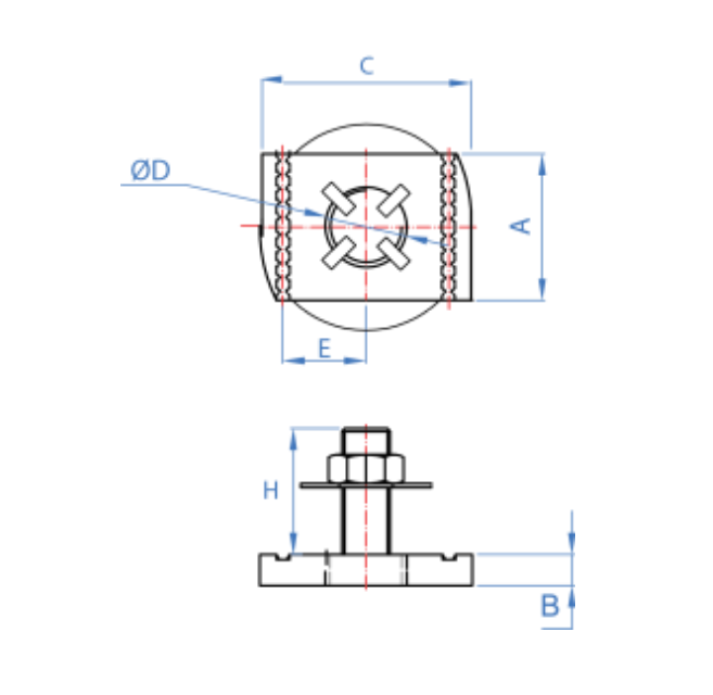 Surub cap T cu piulita si saiba incluse, din otel zincat pentru profil aluminiu 41x41 sau 41x21