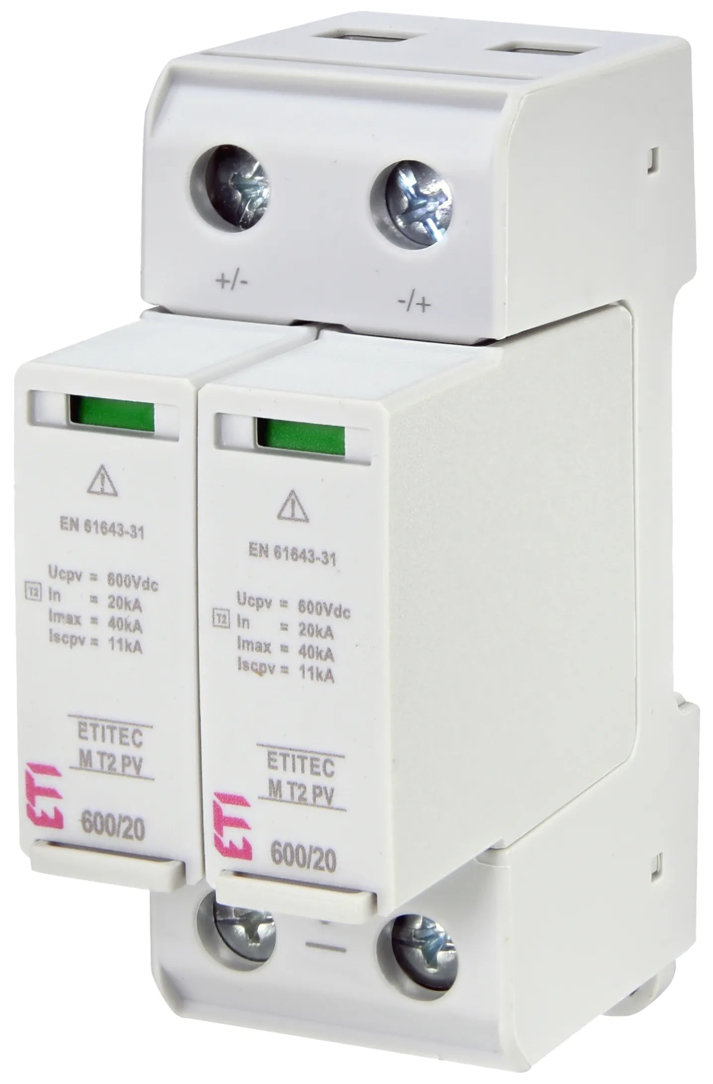 Descărcător supratensiuni ETITEC M T2 PV 600/20, SPD tip 2 pentru instalații fotovoltaice DC 600V, 2 module