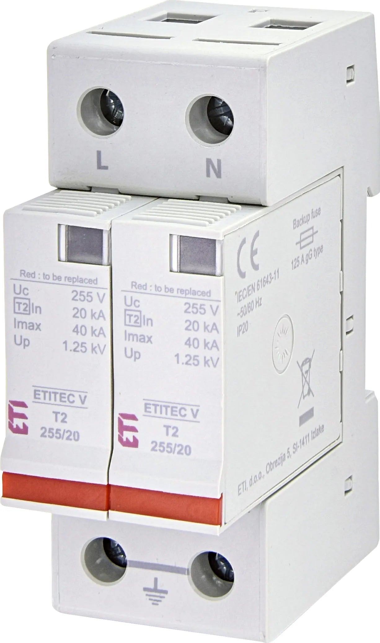 Descărcător supratensiuni ETITEC V T2 255/20 2+0, SPD tip 2 monofazat 255V AC, rețea TN-S, 2 module