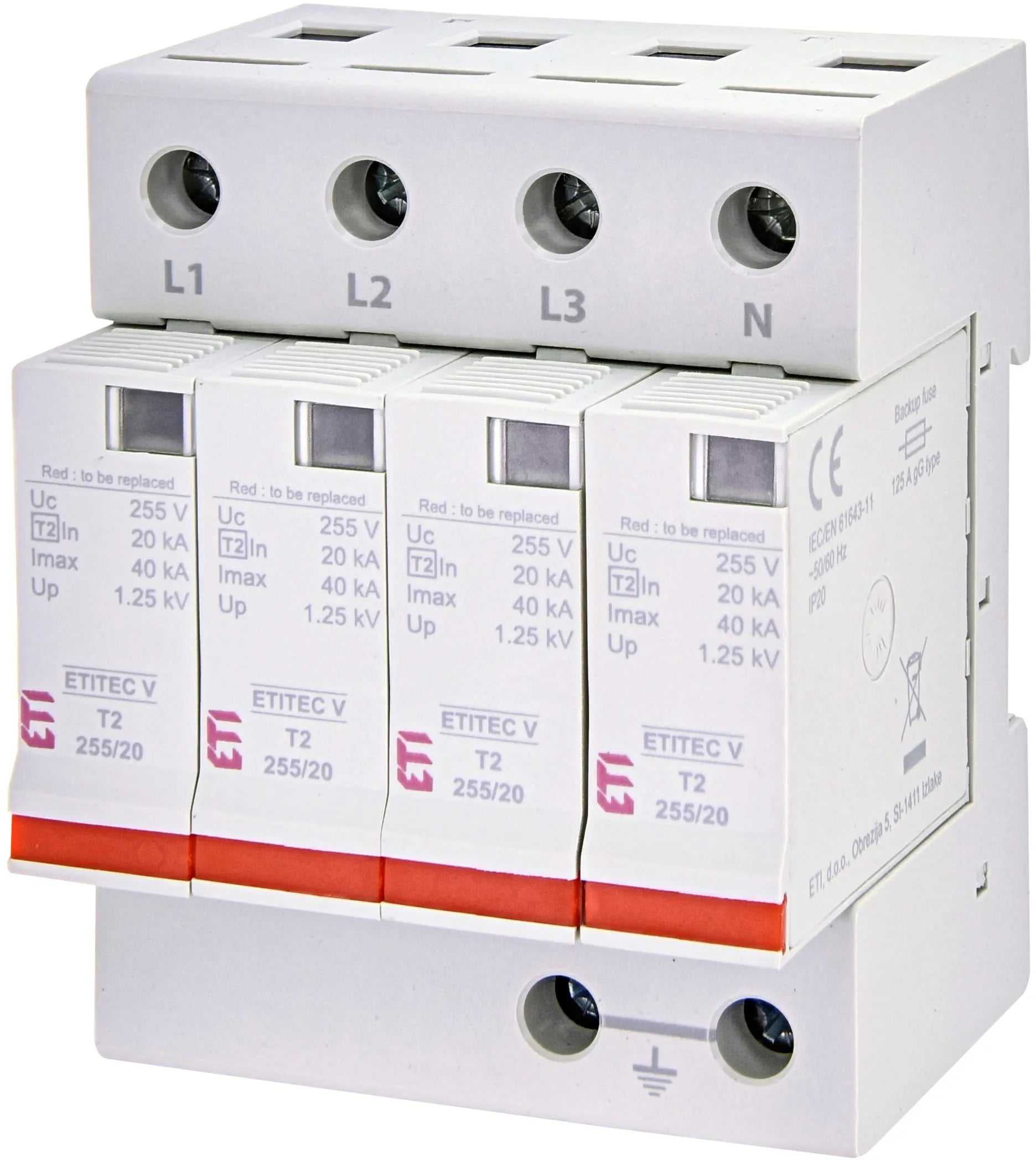 Descărcător supratensiuni ETITEC V T2 255/20 4+0, SPD tip 2 trifazat 255V AC, rețea TN-S, 4 module