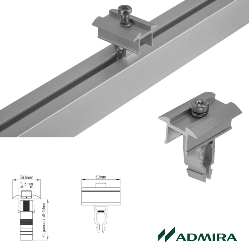 Clemă de mijloc universala 30-40mm rapida pt. profil H 40x40mm, fixare panouri solare fotovoltaice