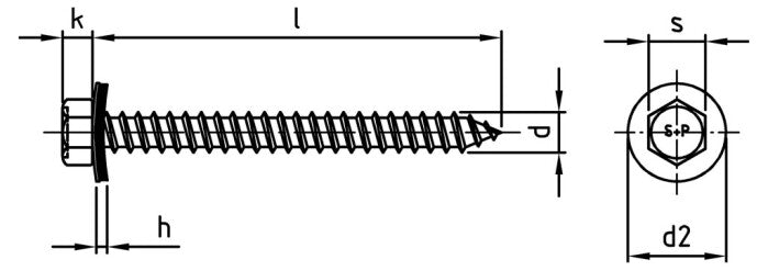 Surub pentru fatada cu varf ascutit si saiba EPDM 16 mm - A 6,5 x 70 mm - 100 buc.