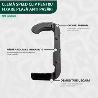 Clemă speed clip pentru fixare plasă anti pasări la panouri solare fotovoltaice, fără șuruburi, pentru panouri cu rama cu 2 laturi