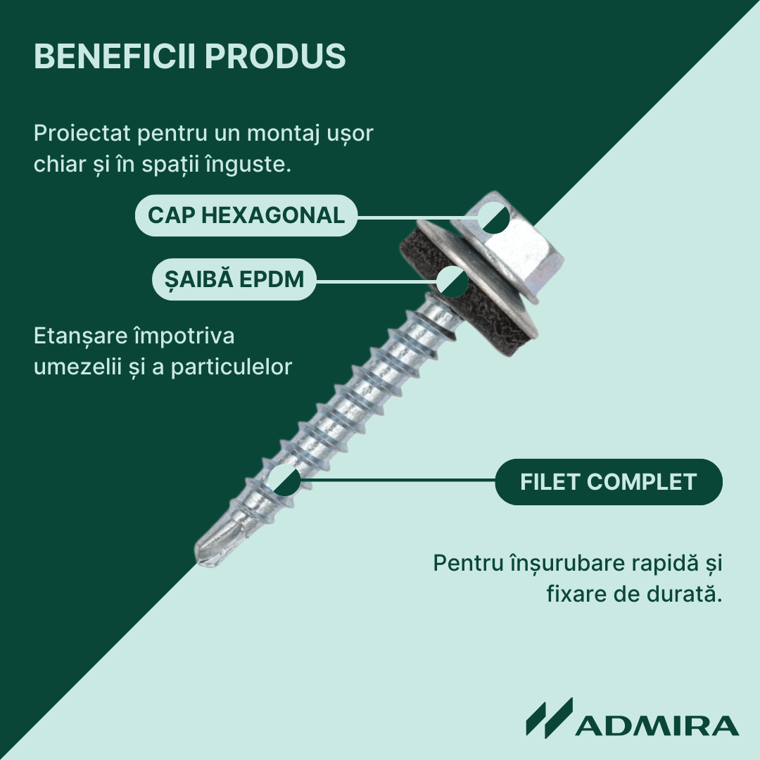 Surub autoforant pt. tigla metalica sau tabla, cap hexagonal, saiba EPDM