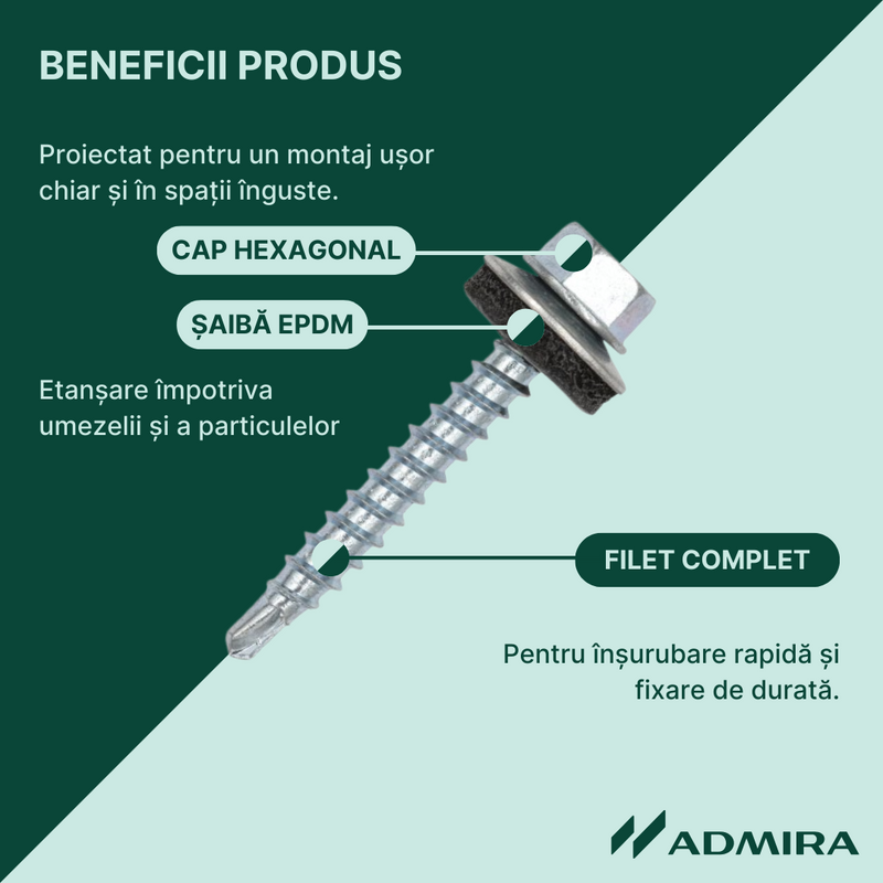 Surub autoforant pt. tigla metalica/tabla, cap hexagonal, saiba EPDM