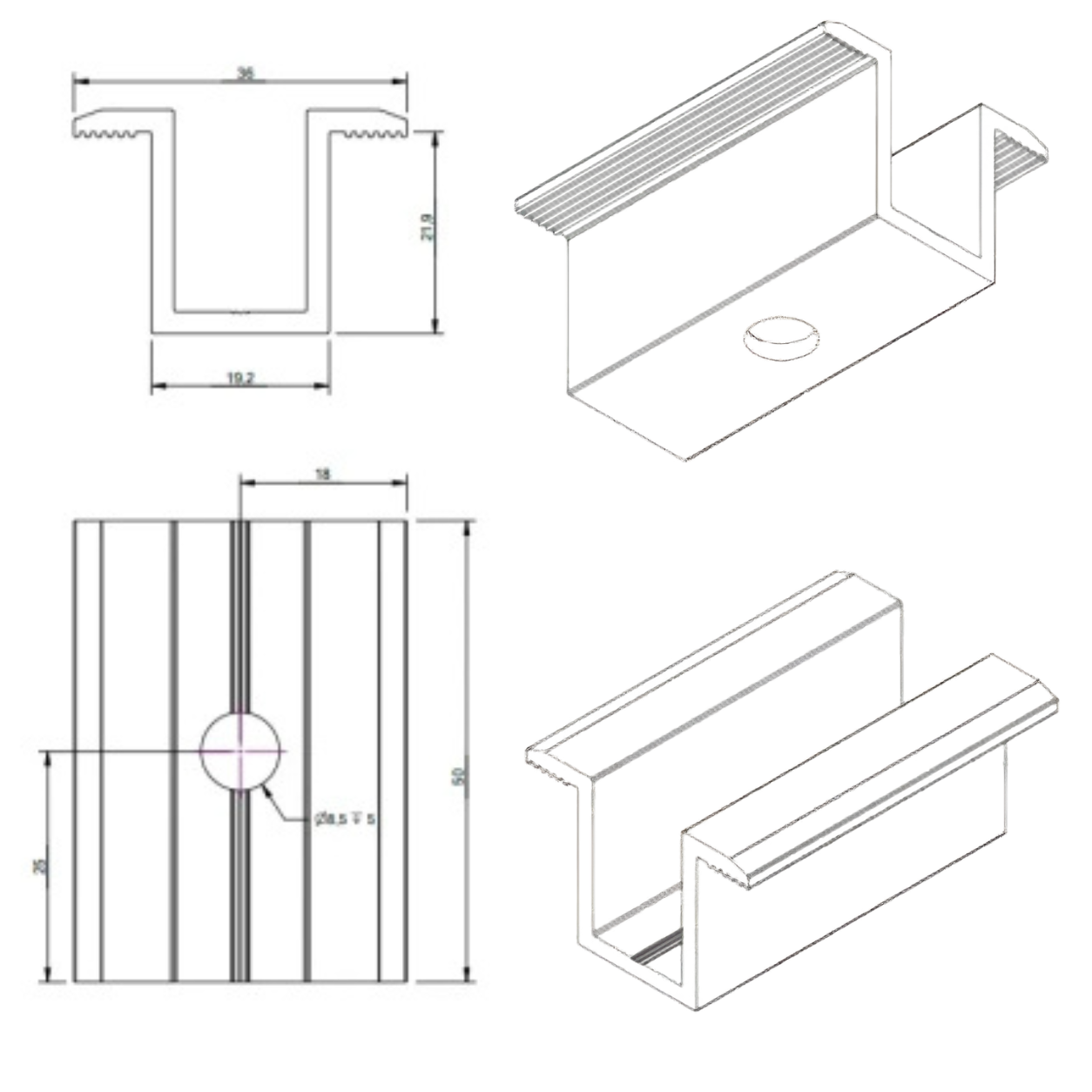 Clema de mijloc intermediara 20 mm aluminiu negru anodizat, fixare panouri solare fotovoltaice M8