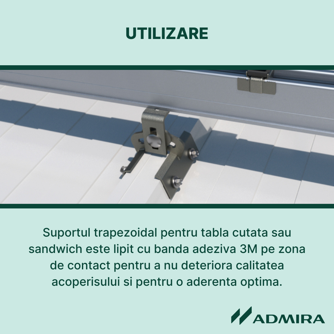 Suport reglabil de fixare panouri solare, fotovoltaice pt. acoperis tabla cutata, sandwich, trapezoidal