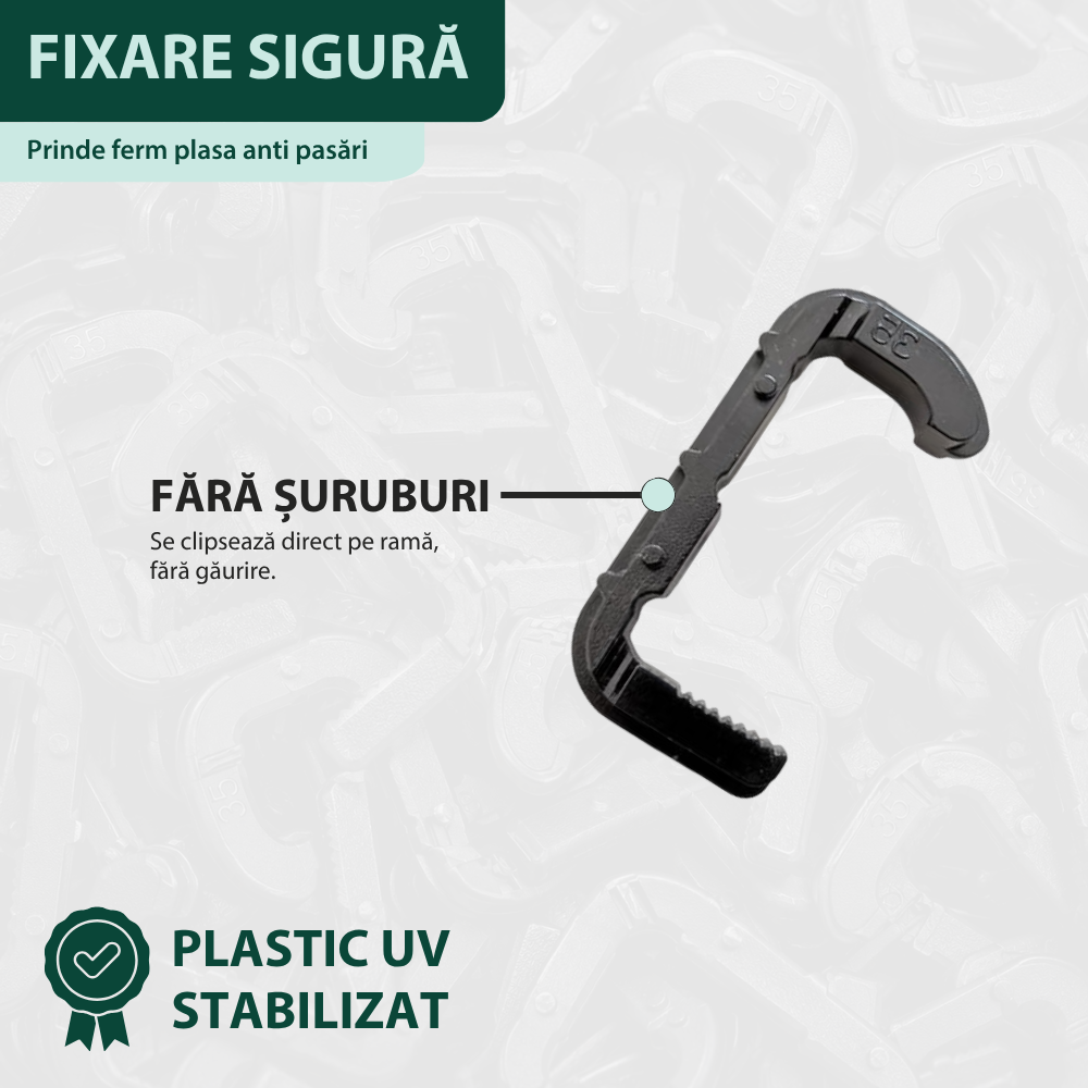 Clemă speed clip pentru fixare plasă anti pasări la panouri solare fotovoltaice, fără șuruburi, pentru panouri cu rama cu 2 laturi