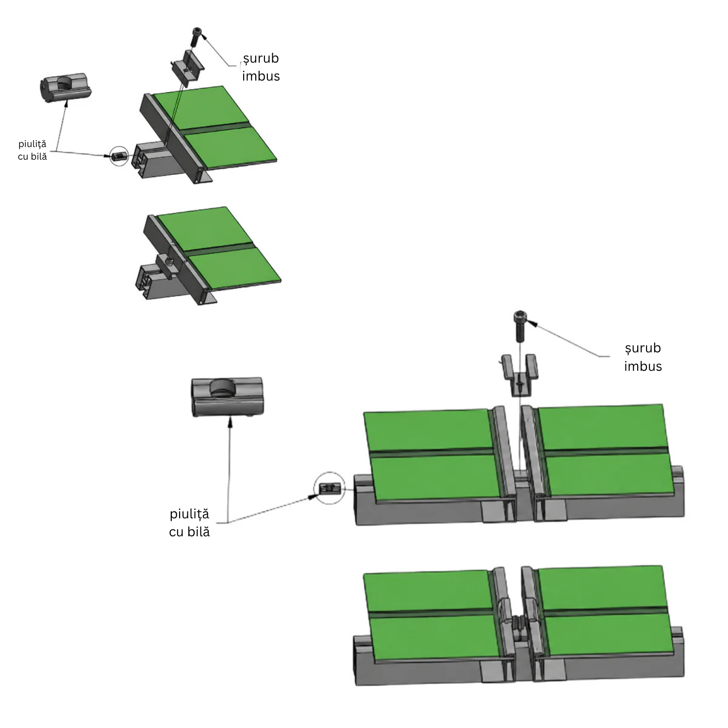 Clema de mijloc intermediara 20 mm aluminiu negru anodizat, fixare panouri solare fotovoltaice M8