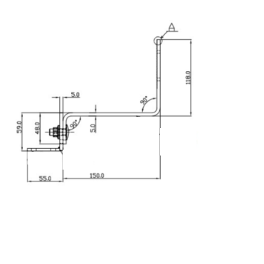 Cârlig 655CML115R – desen tehnic lateral, braț 150 mm și grosime 5 mm