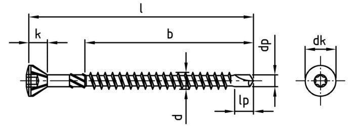 Surub lemn dulgherie terasa deck autoforant cap inecat cu nervuri - 4,5 x 60/36 TX 20 - 200 buc.