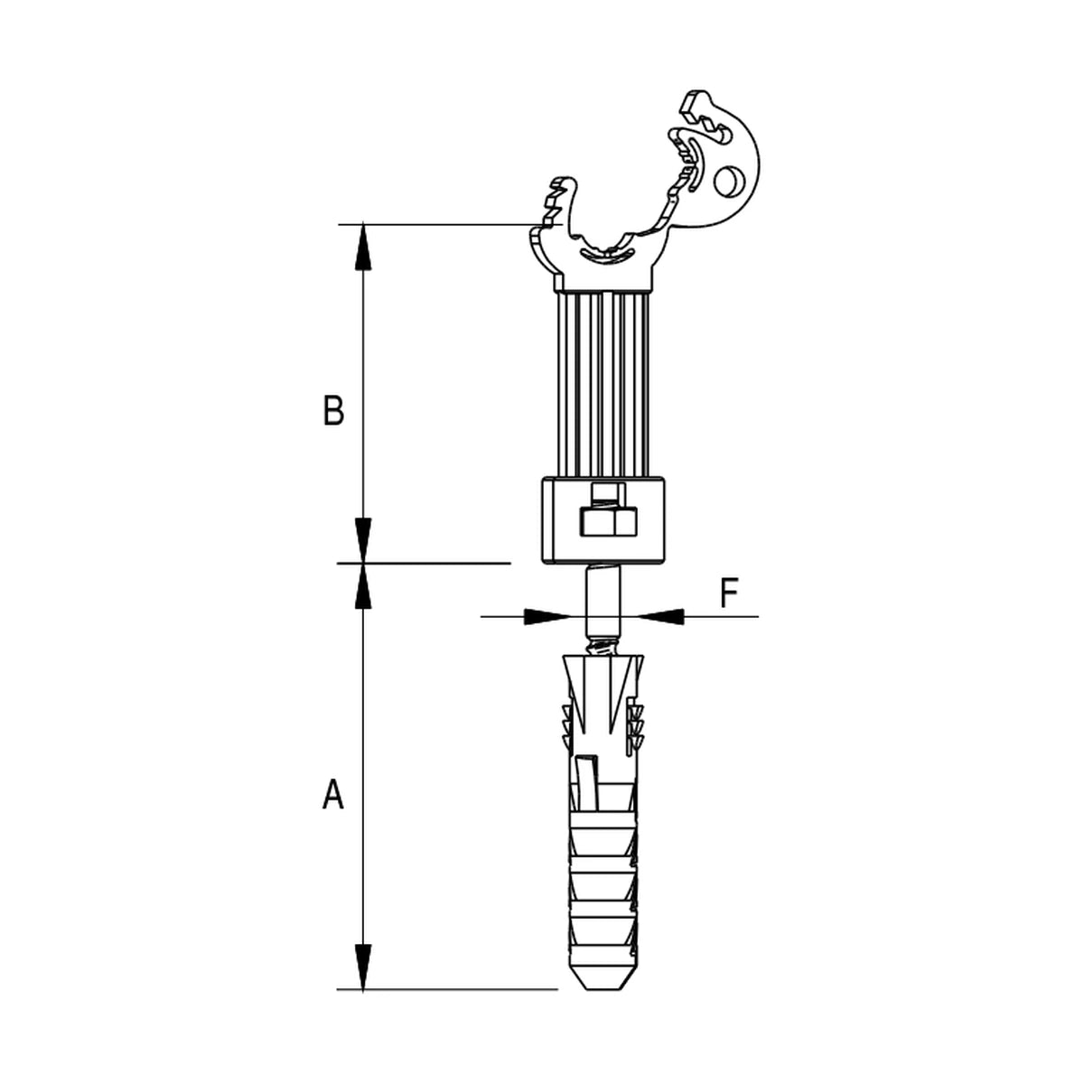 Schiță tehnică suport conductor 8 mm, cu dimensiunile A 50 mm, B 70 mm și F 10 mm