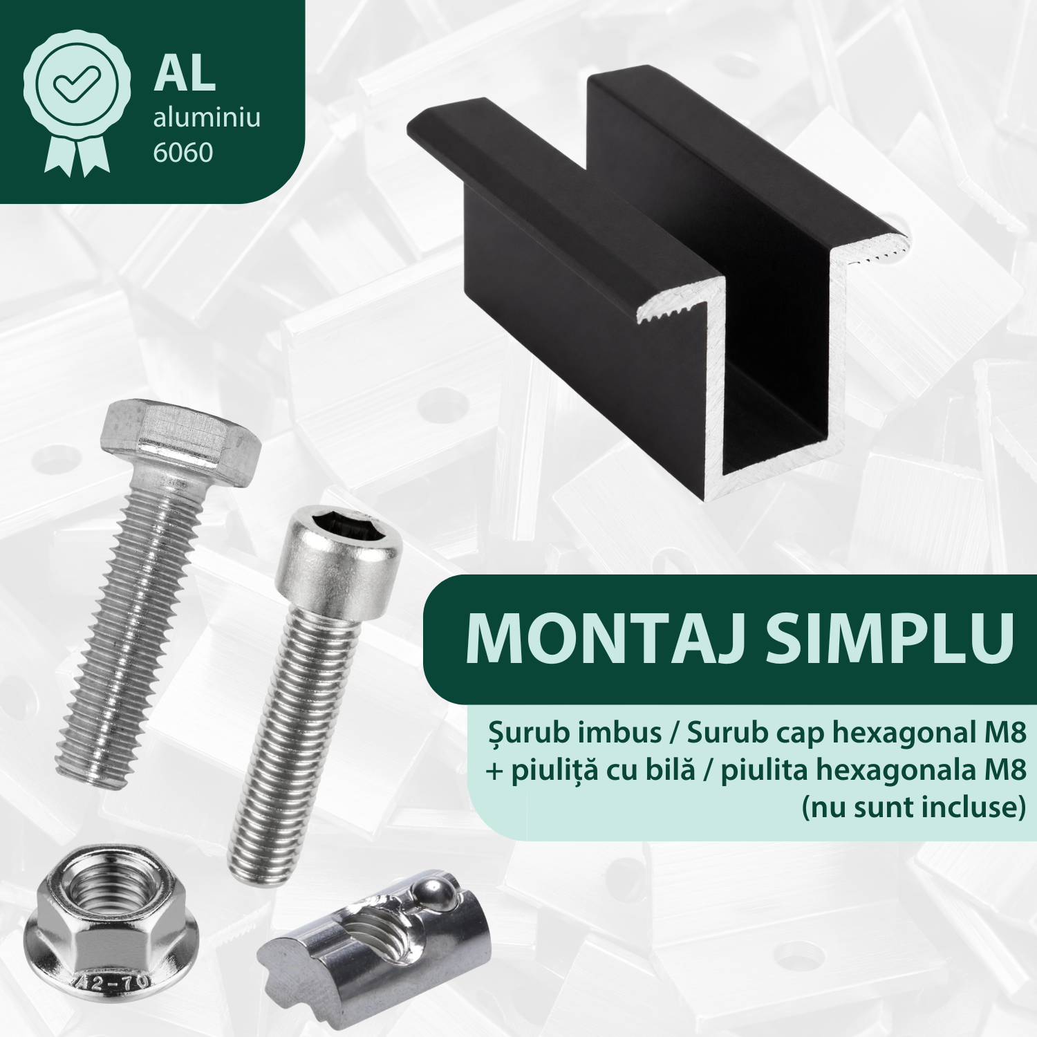 Clema de mijloc intermediara 20 mm aluminiu negru anodizat, fixare panouri solare fotovoltaice M8