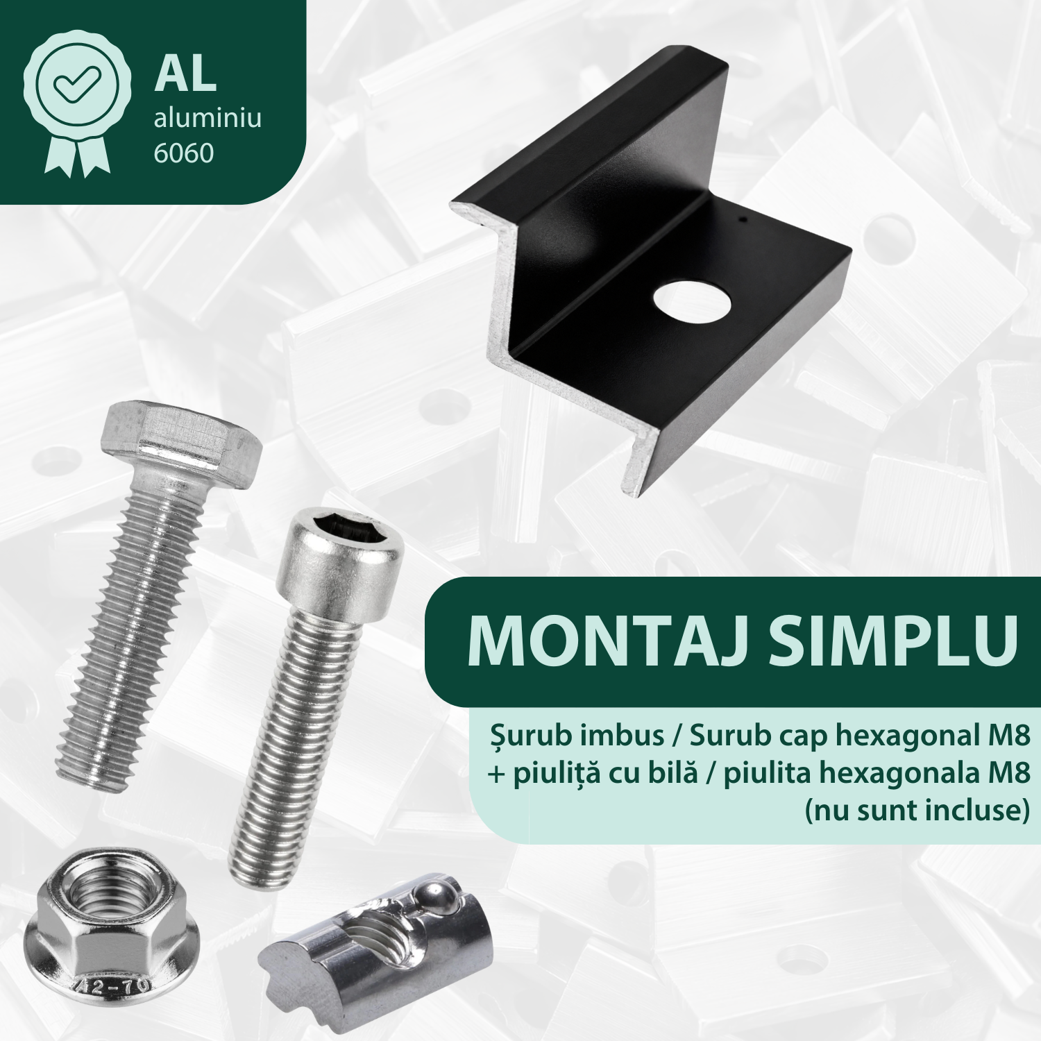 Clema de capat 30 mm aluminiu negru anodizat, fixare panouri solare fotovoltaice M8
