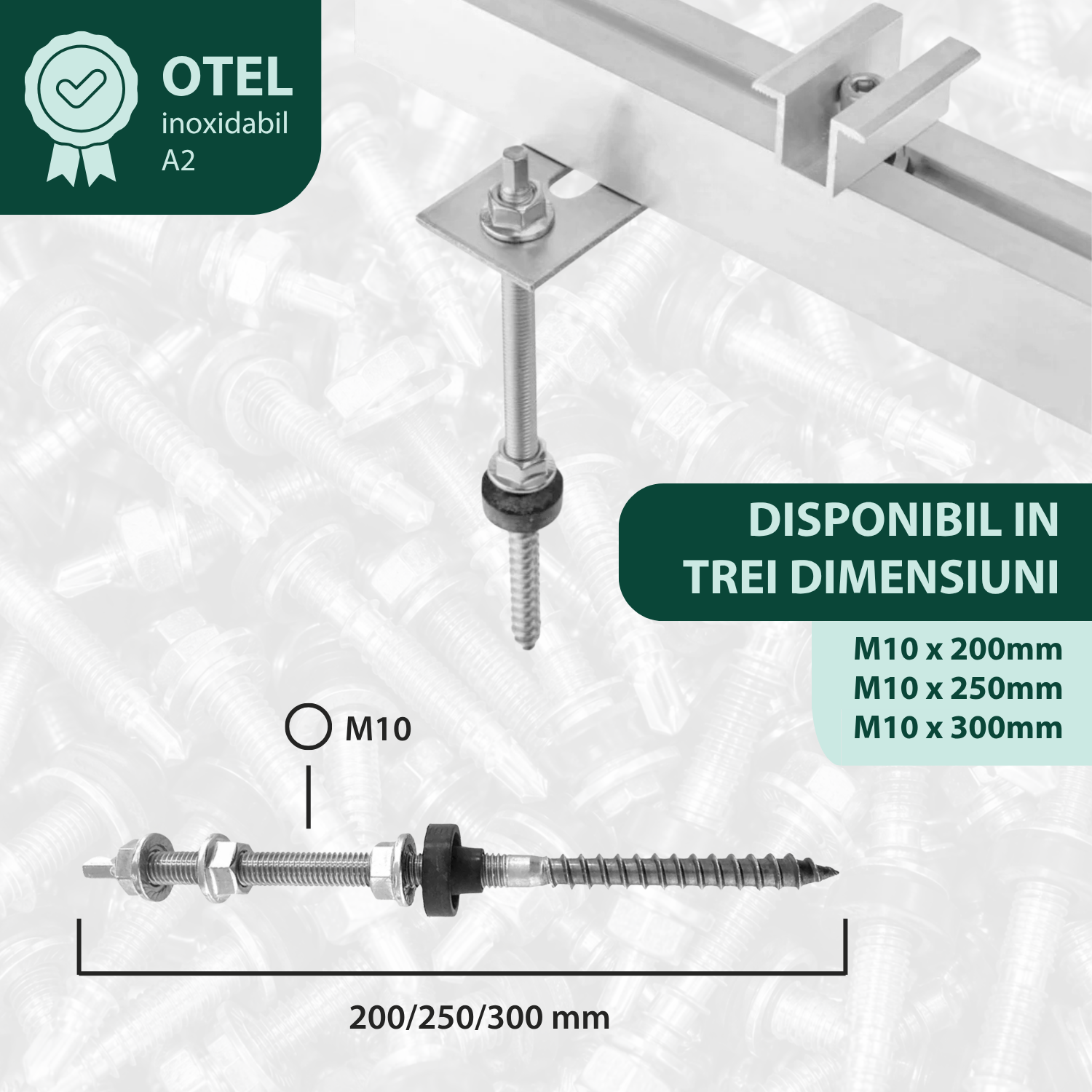 Șurub tip ancora V1 hanger bolt cu filet dublu M10 pentru prindere panou solar fotovoltaic pe acoperiș tablă