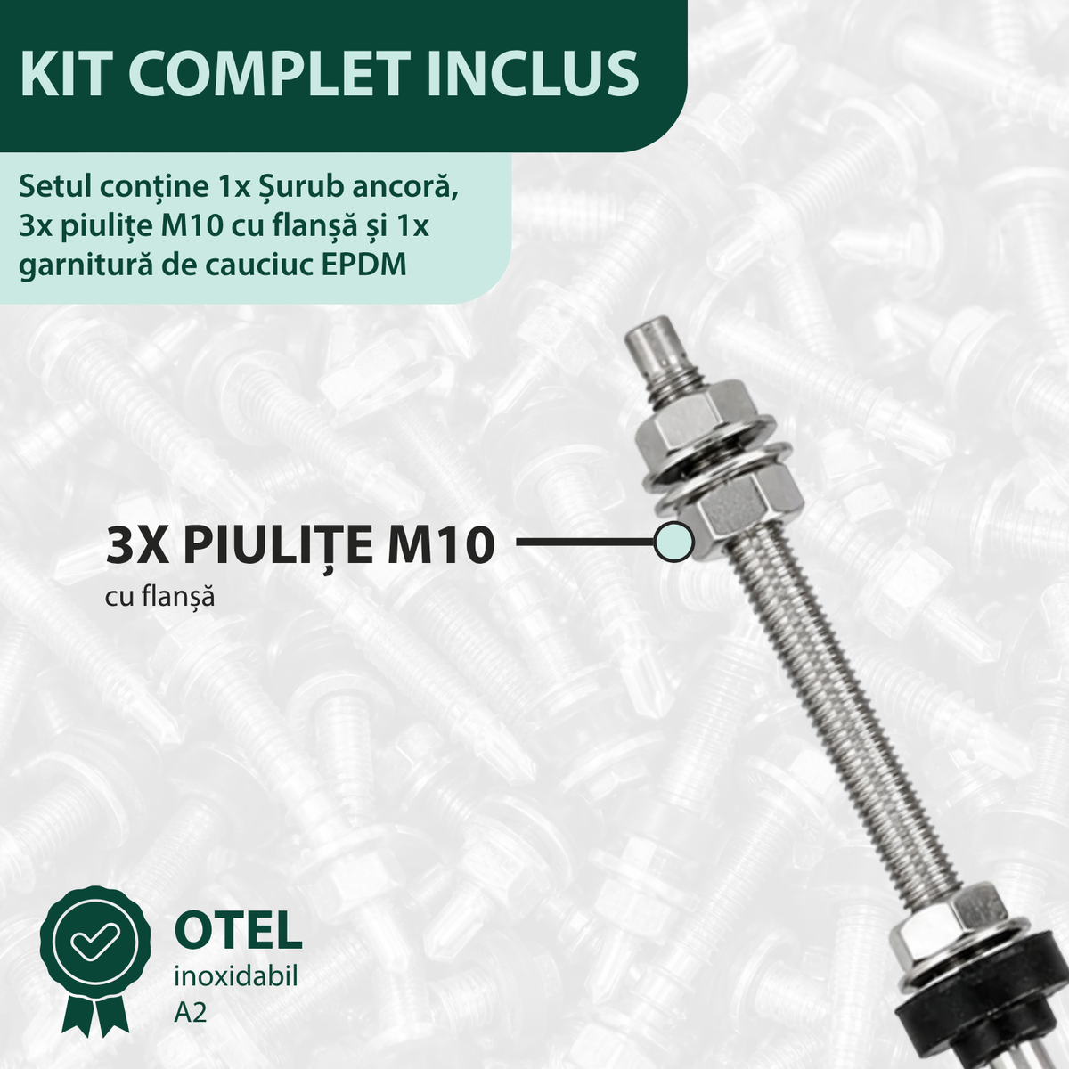 Șurub tip ancora V2 hanger bolt cu filet dublu M10, piulițe DIN6923 + EPDM, oțel inoxidabil A2, pentru prindere panou solar fotovoltaic