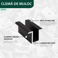 Clema de mijloc intermediara 20 mm aluminiu negru anodizat, fixare panouri solare fotovoltaice M8