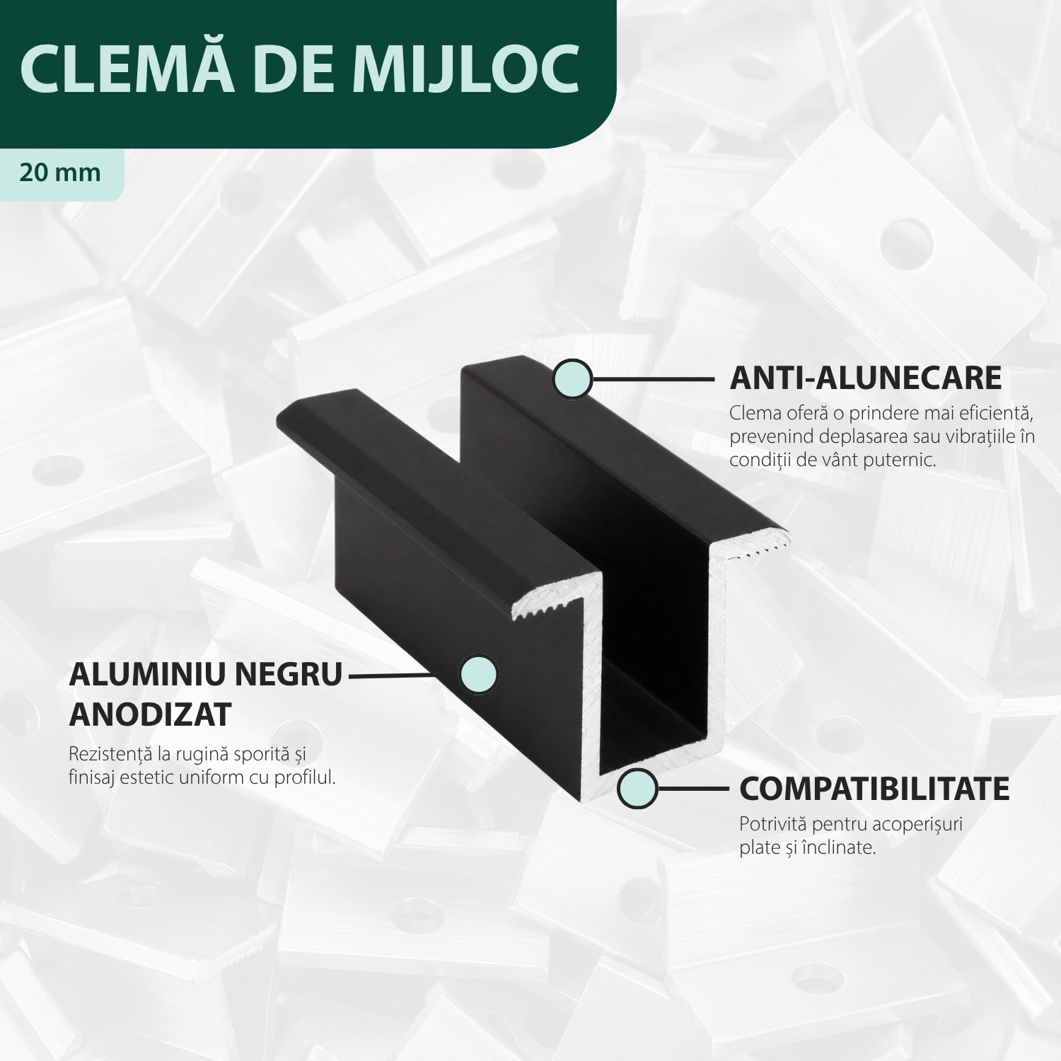 Clema de mijloc intermediara 20 mm aluminiu negru anodizat, fixare panouri solare fotovoltaice M8