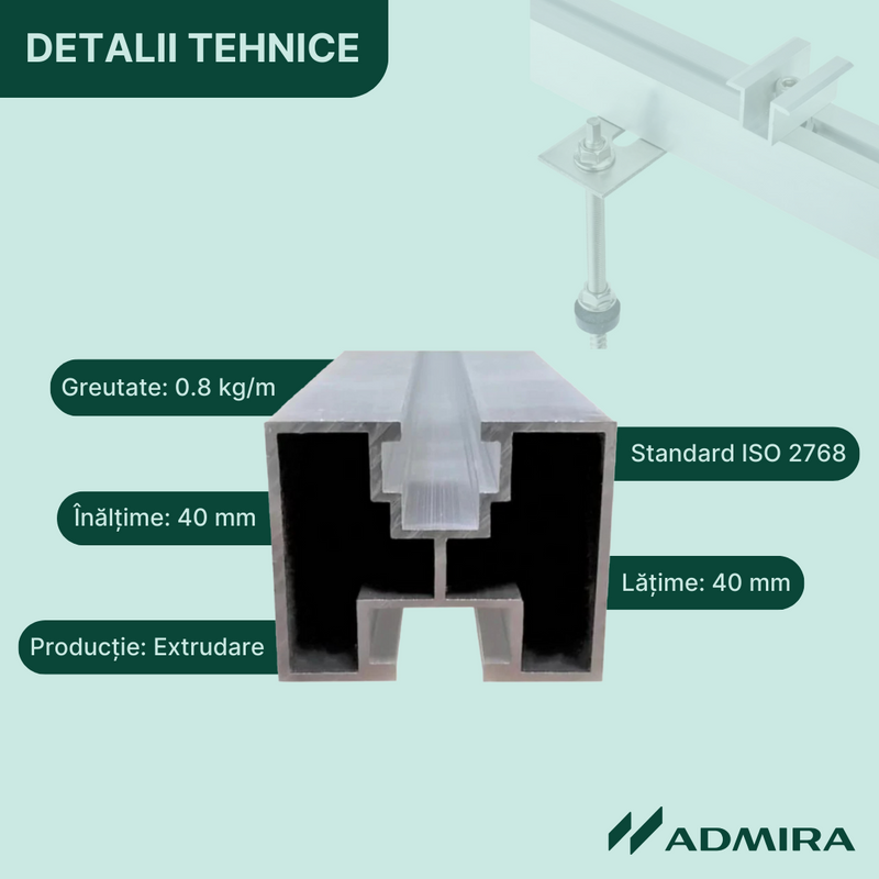 Profil aluminiu tip H 40x40mm pentru suport panou solar fotovoltaic - Admira