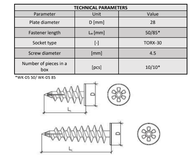 10x Diblu polistiren autoperforant M4,5 50/85 mm