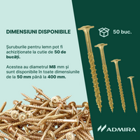 50x Șuruburi dulgherie pentru lemn, cap plat înecat M8