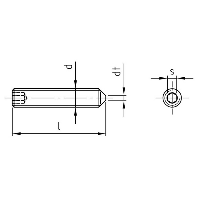 Stift filetat cu locas hexagonal DIN 914 / ISO 4027, varf conic ascutit