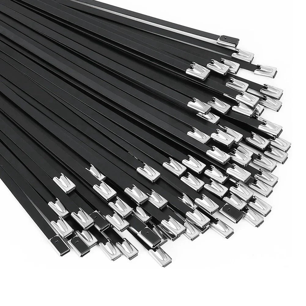 Fasete inox 304 negre 7,9x200 mm, coliere metalice autoblocante rezistente UV pentru cabluri și panouri solare