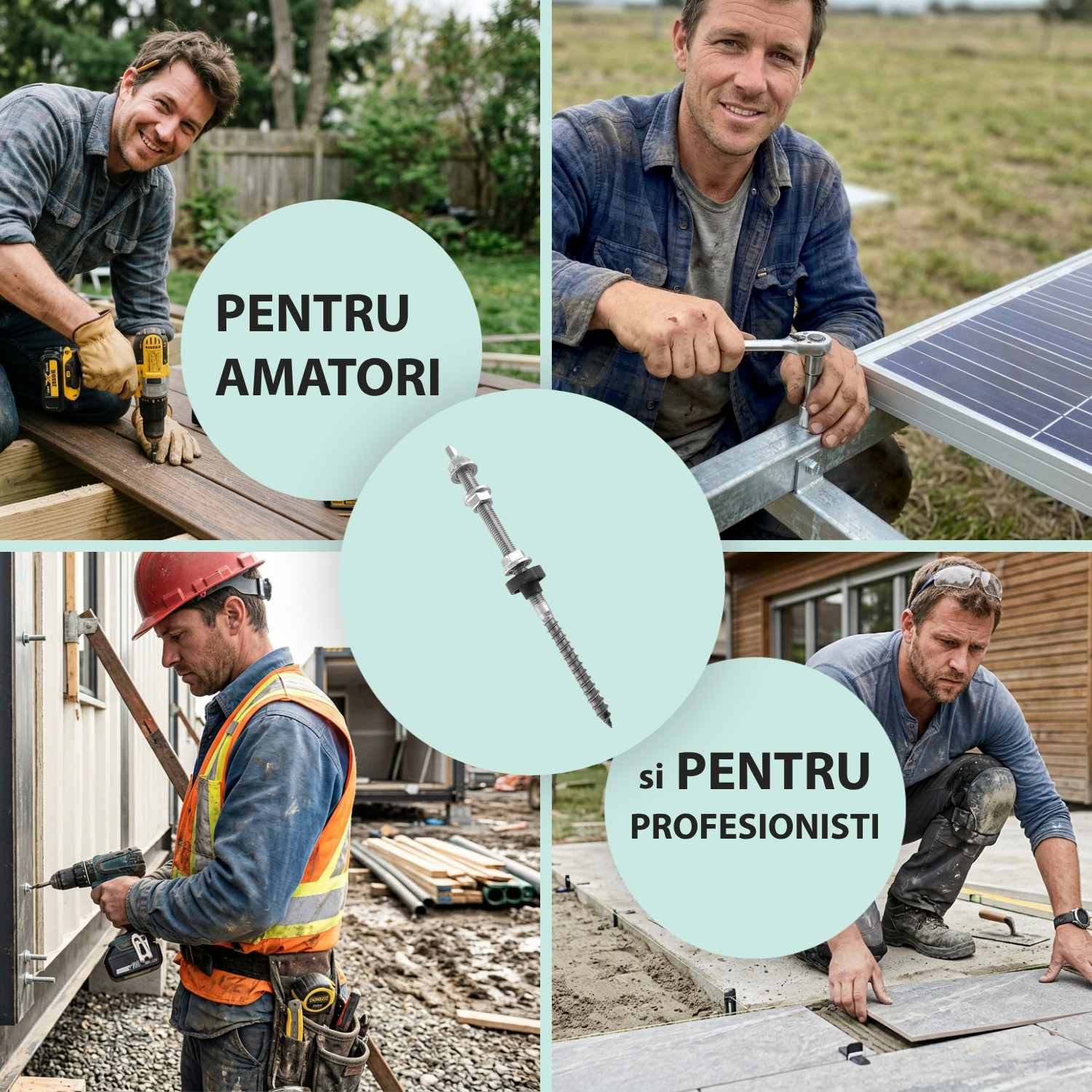 Șurub tip ancora V1 hanger bolt cu filet dublu M10 pentru prindere panou solar fotovoltaic pe acoperiș tablă