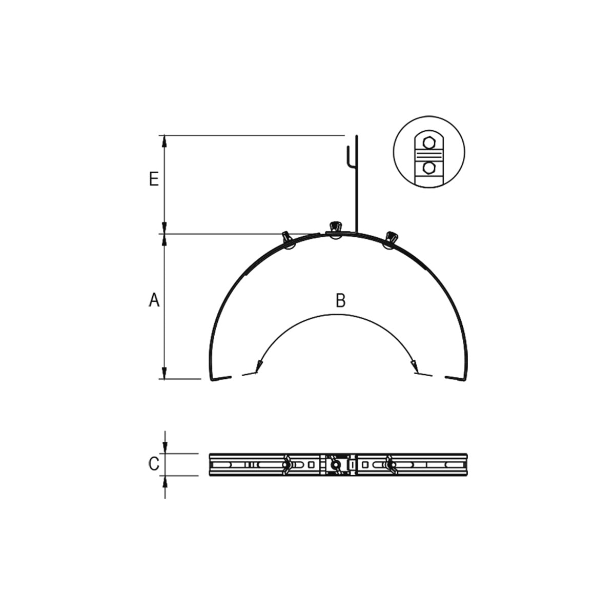 Desen tehnic al suportului de coamă G5 MAX – cote A, B, C și E