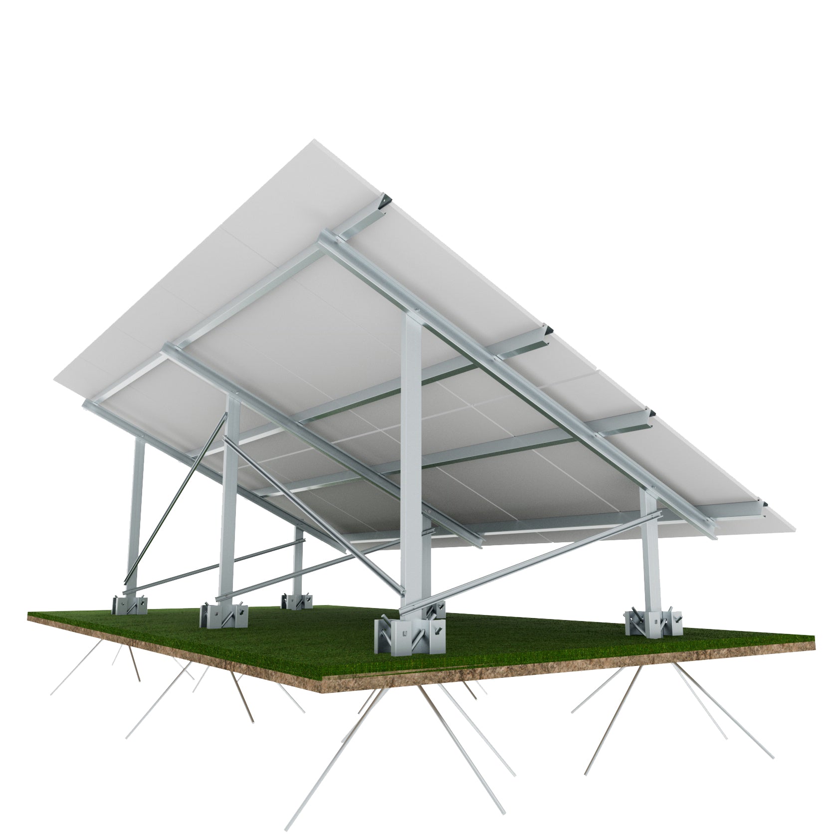 Structura sol MODEL X, cu tarusi oblici, unghi 25°, 10 panouri, material S350GD+Z275