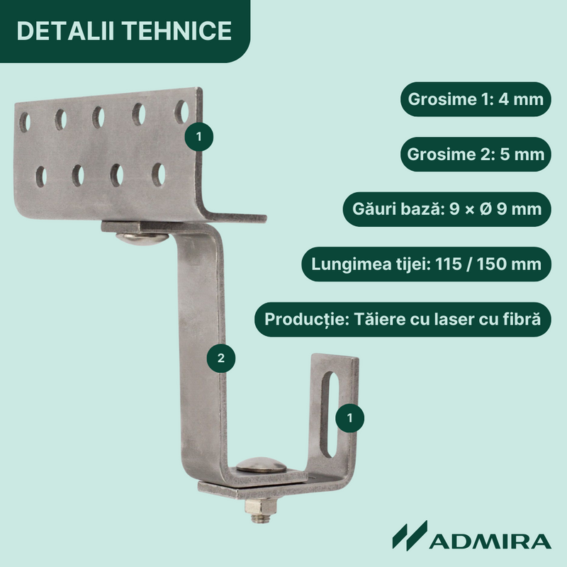 Cârlig fixare din oțel inoxidabil, dublu reglabil, pentru acoperiș țiglă ceramică sau beton, L=115 mm