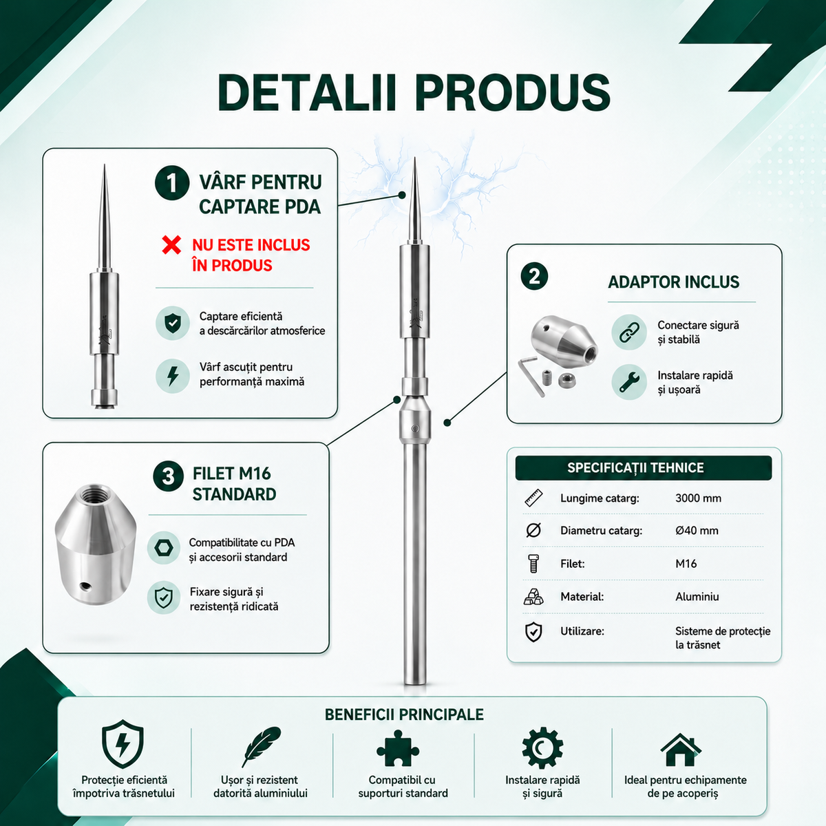 Catarg aluminiu 3000mm cu Adaptor cu filet M16 pentru PDA