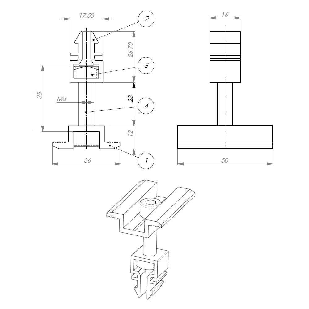 Clema de mijloc din aluminiu anodizat rapida cu click pentru profil H 40x40mm, fixare panouri solare fotovoltaice 30-40mm