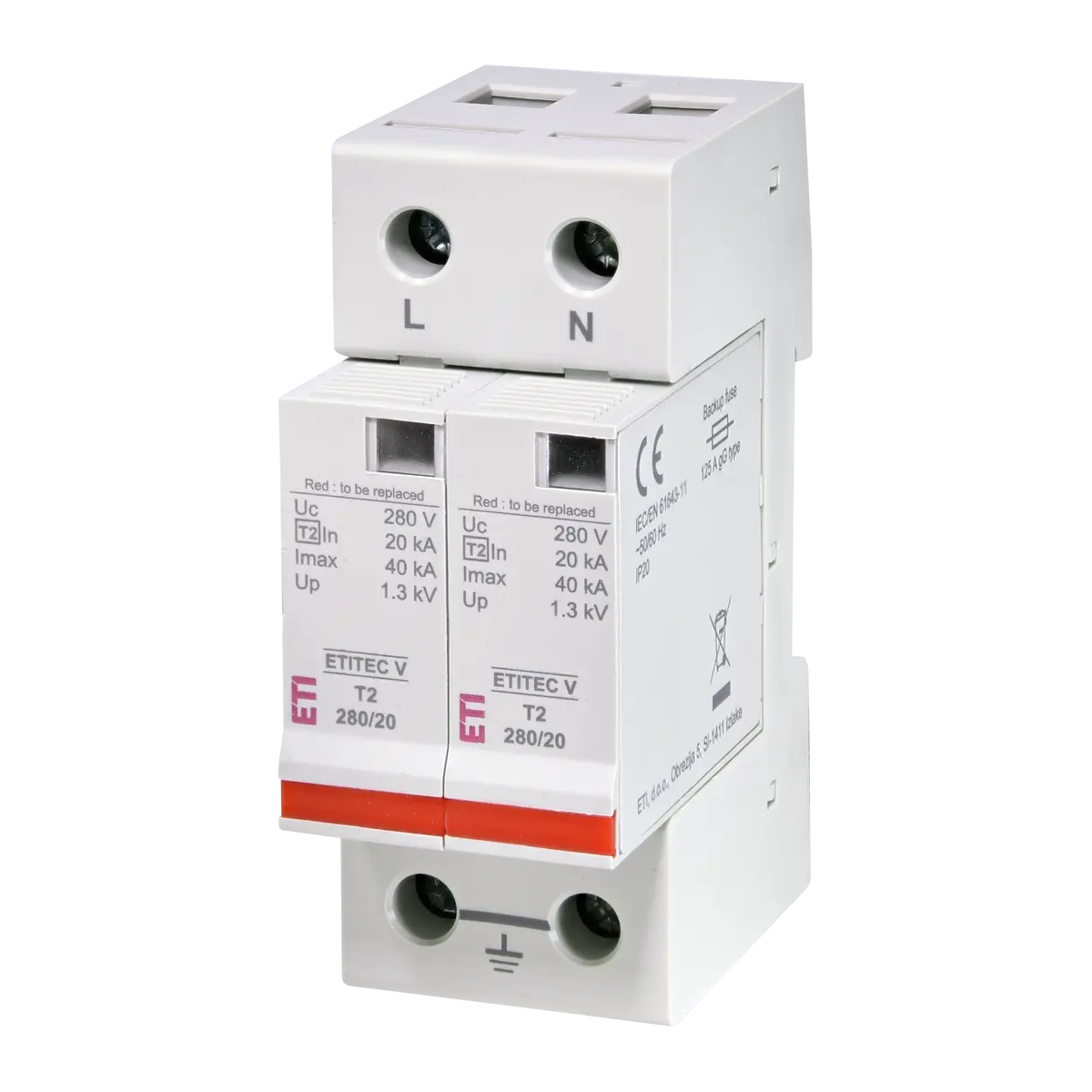 Descărcător supratensiuni ETITEC V T2 280/20 2+0, SPD tip 2, 280V AC, TN-S, 2 module