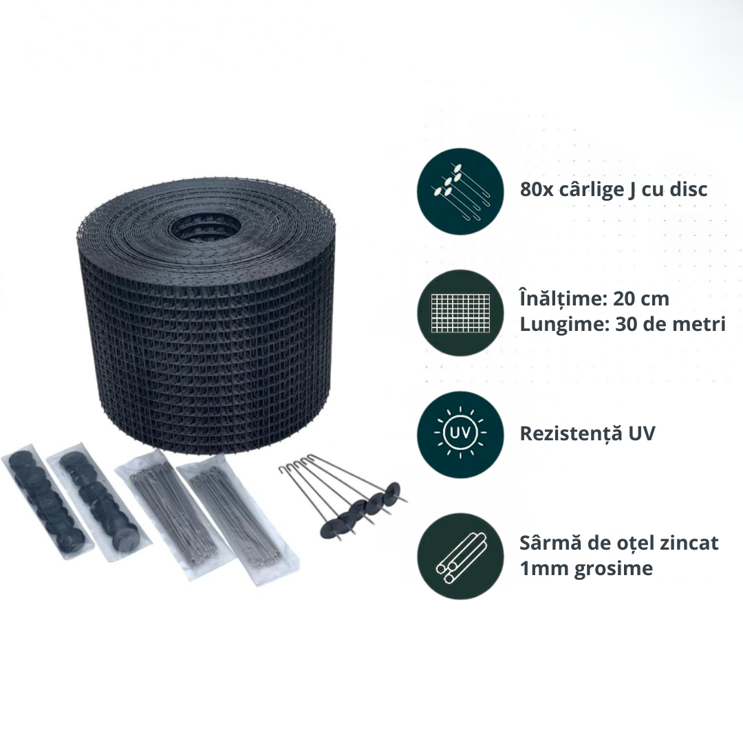 Plasa de protectie panouri fotovoltaice anti pasari, otel zincat 20cm L=30 m cu sistem de fixare inclus
