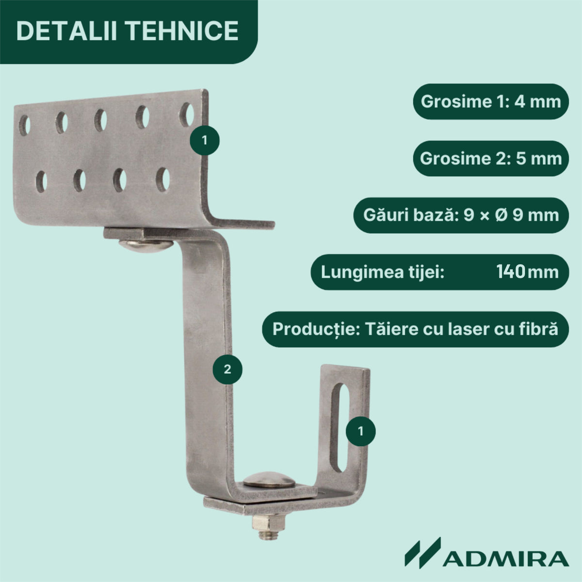Cârlig fixare din oțel inoxidabil, dublu reglabil, pentru acoperiș țiglă ceramică sau beton, L=140 mm