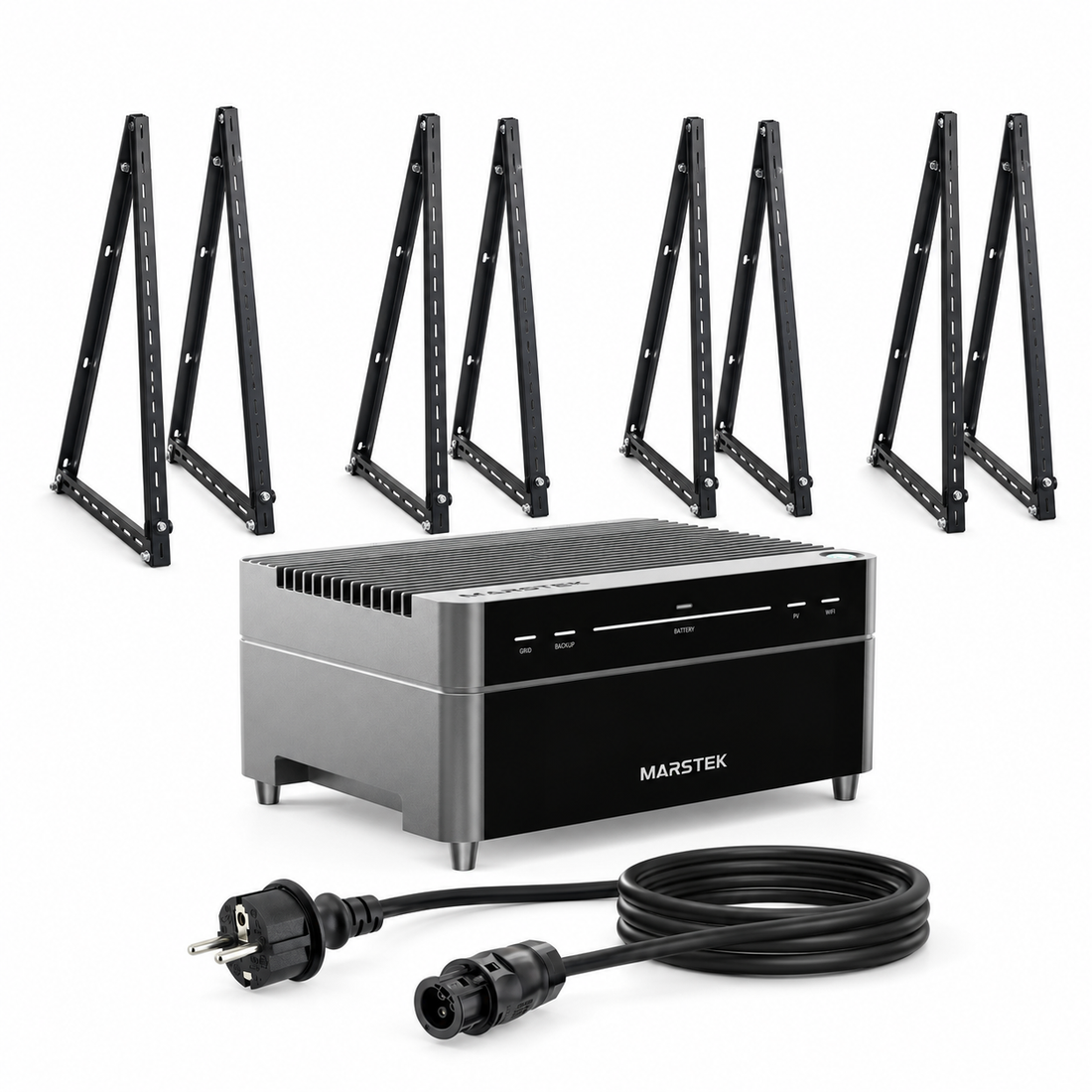 Kit Marstek VENUS A cu 8 suporturi triunghiulare negre și cablu AC de 2 m, fără panouri fotovoltaice