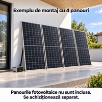 Exemplu de montaj cu Marstek VENUS A și 4 panouri fotovoltaice pe suporturi negre; panourile nu sunt incluse