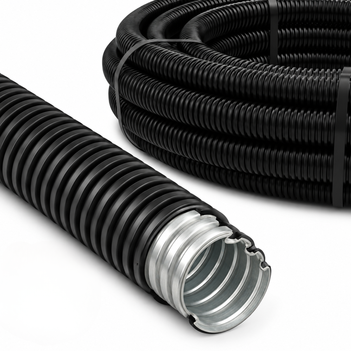 Tub gofrat copex metalic 21mm, flexibil, cu izolatie PVC, colac 50 m, protecție cabluri electrice