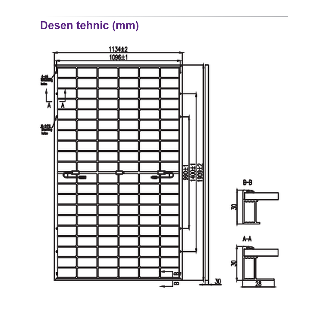 Desen tehnic cu dimensiunile panoului URECO FBF500B7W